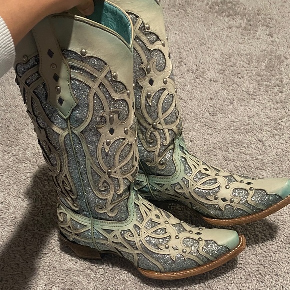CORRAL WOMEN'S WHITE TURQUOISE GLITTER BOOTS - SNIP TOE - Picture 7 of 7
